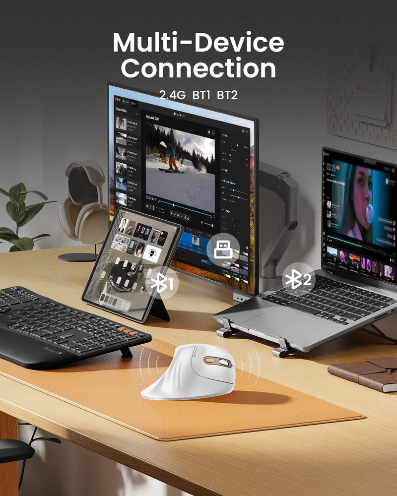 ProtoArc Ergonomic Mouse, EM11 NL Bluetooth Rechargeable Wireless Vertical Mouse, 3 Multi-Device Connectivity for Computer/PC/Laptop, 2.4GHz Optical Mice for Windows, Mac OS, White Gold - Image 3